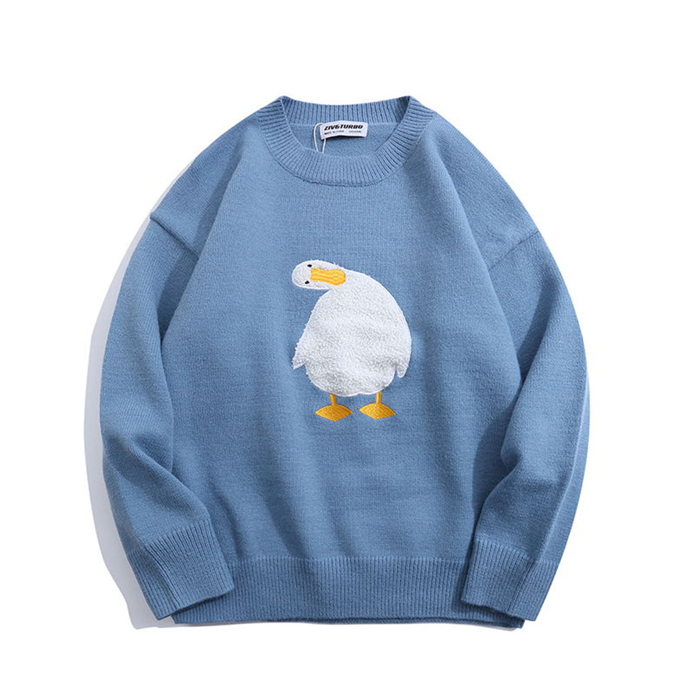 Cartoon Goose Print Knitted Sweater