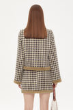 Elegant Puffy Houndstooth Coats Crop Top Jacket Skirt Set