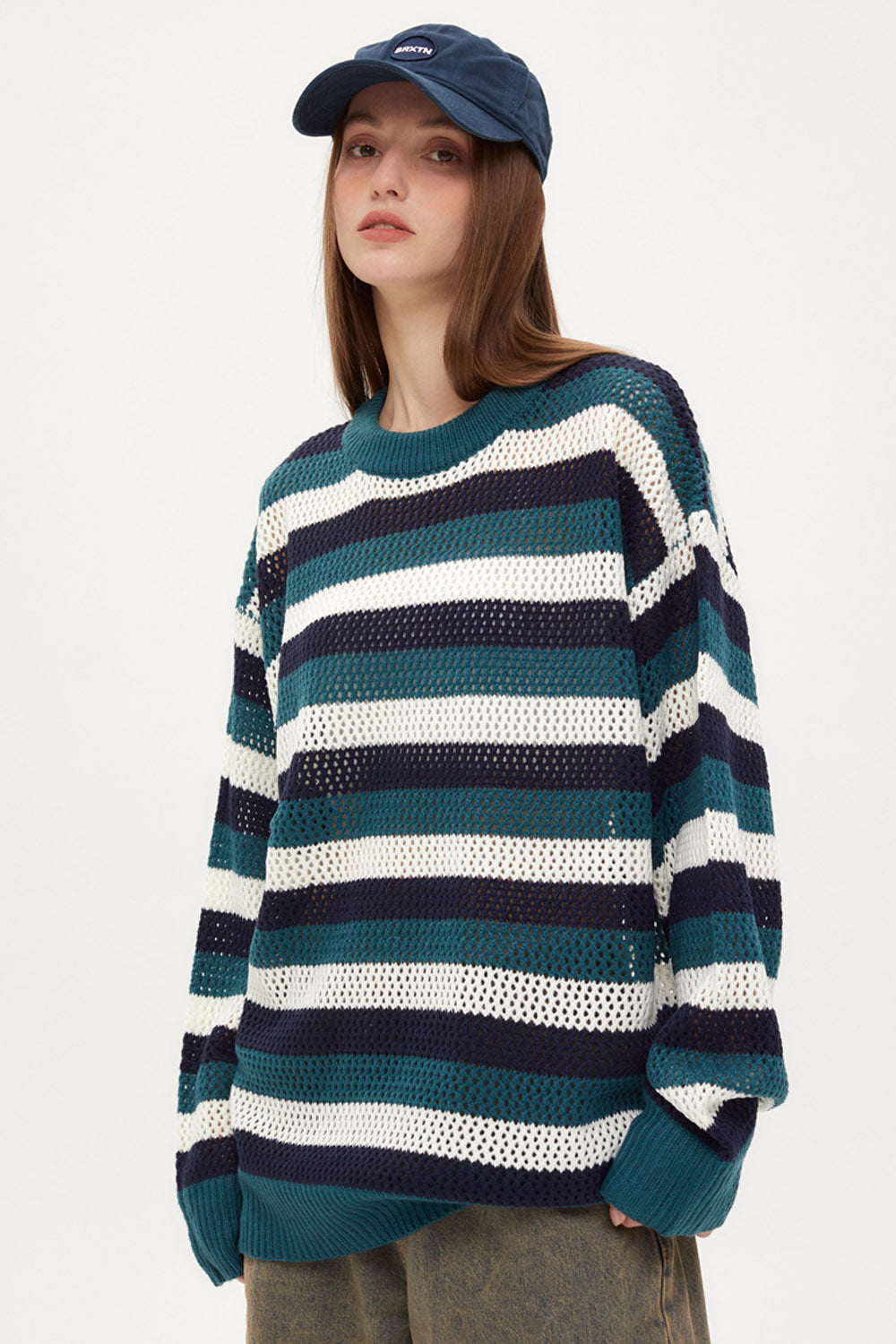 Stripe Hollow Out Pullover Knitted Unisex Oversized Sweater